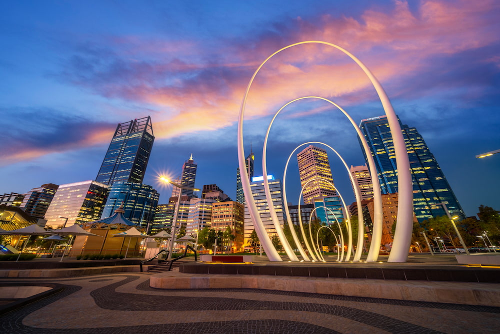 Elizabeth Quay Park, Perth cityscape building landmark in Australia city with blue sky